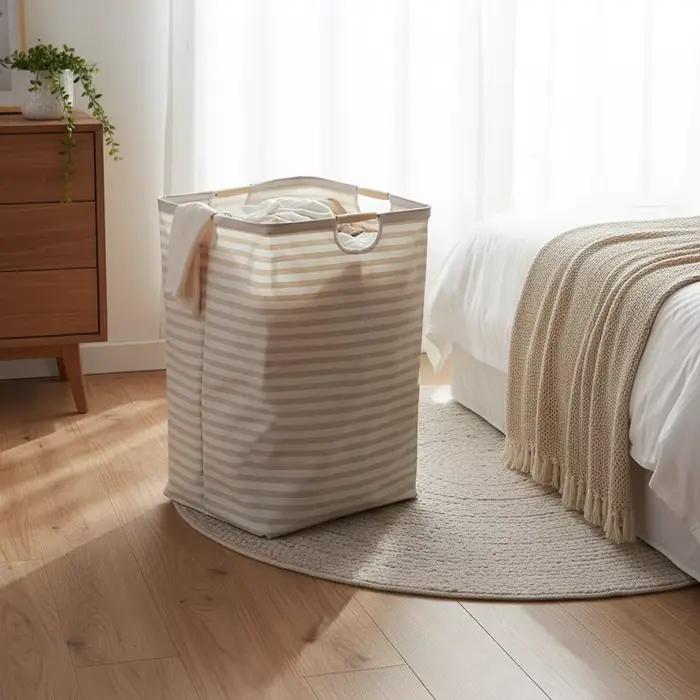 Panier à linge pliable en coton et lin avec poignées pour chambre à coucher