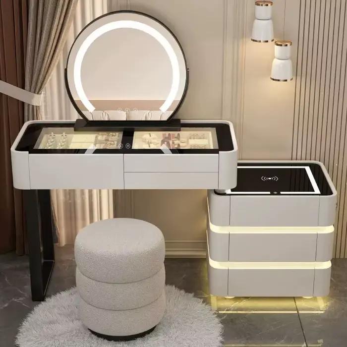 Coiffeuse moderne éclairée et extensible pour chambre à coucher avec miroir LED à 3 couleurs