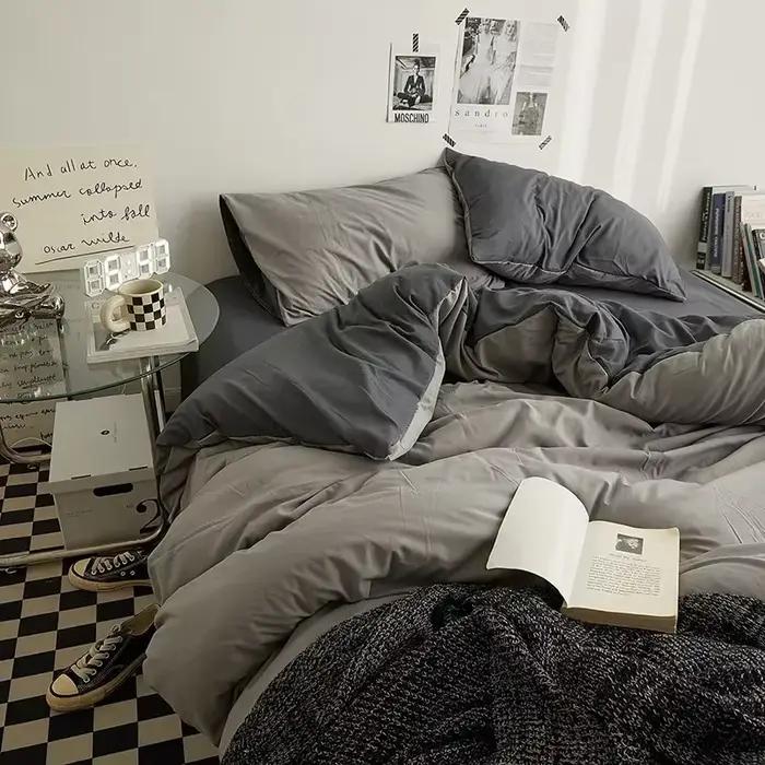 Parure de lit 4 pièces en coton double lavage couleur unie de haute qualité pour dortoir étudiant