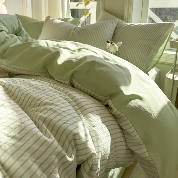 Parure de lit en coton lavé 100% à rayures avec taie d'oreiller