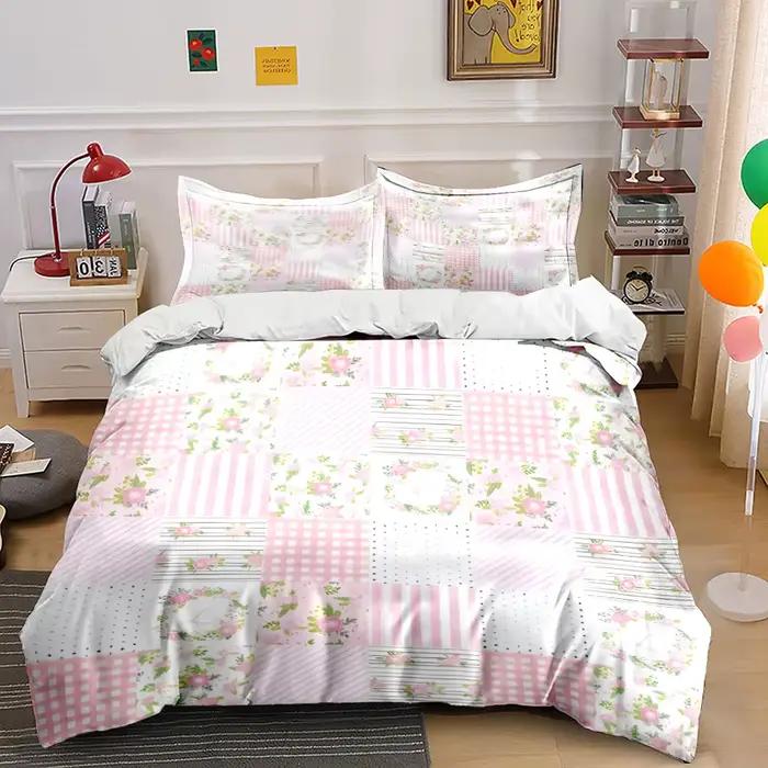 Parure de lit patchwork fleuri rose 3 pièces
