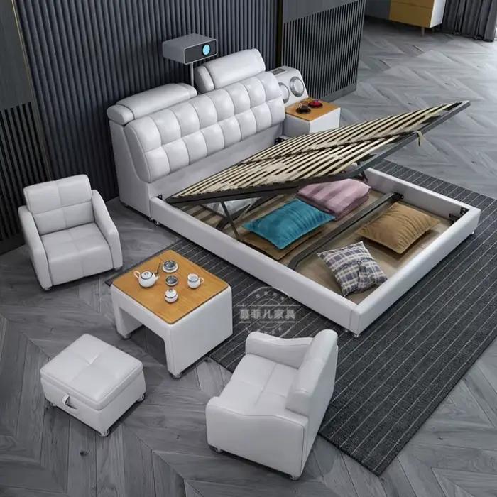 Lit plateforme intelligent et moderne en cuir de luxe 180x200 cm avec rangement