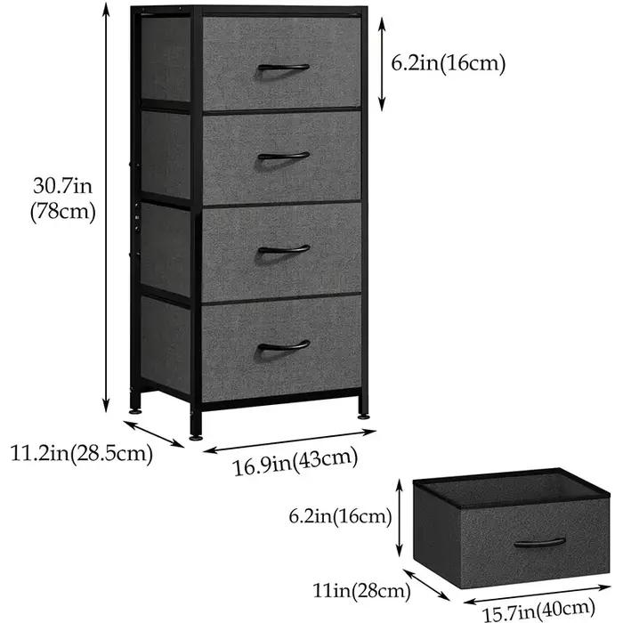 Commode à 4 tiroirs, commode avec plateau en bois et cadre en acier