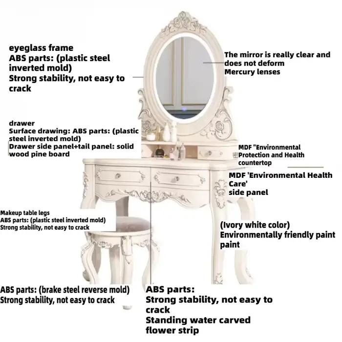 Coiffeuse de chambre à coucher de style français européen pour fille avec miroir LED et chaise