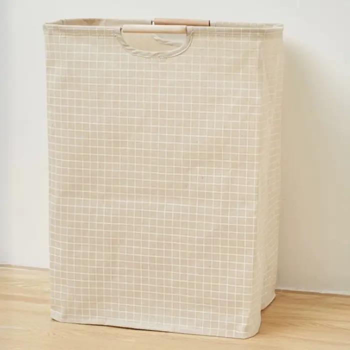 Panier à linge en coton et lin pliable avec doublure imperméable et poignées en bois pour chambre