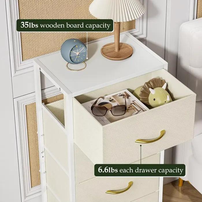 Commode à 4 tiroirs, commode avec plateau en bois et cadre en acier