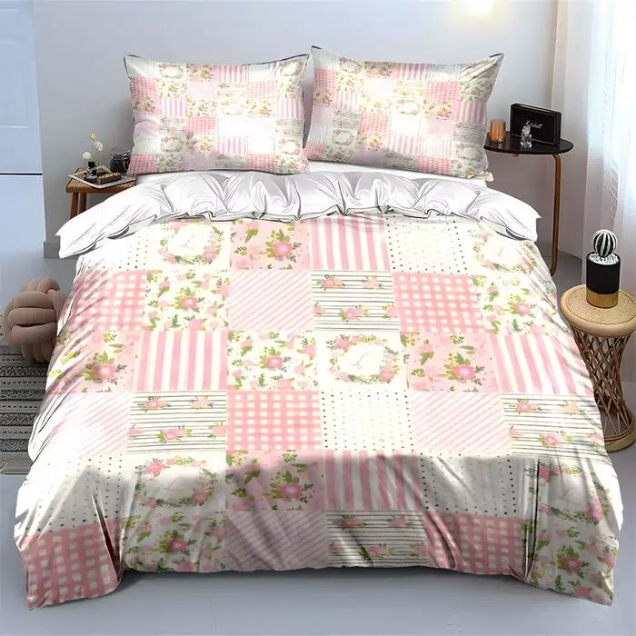 Parure de lit patchwork fleuri rose 3 pièces