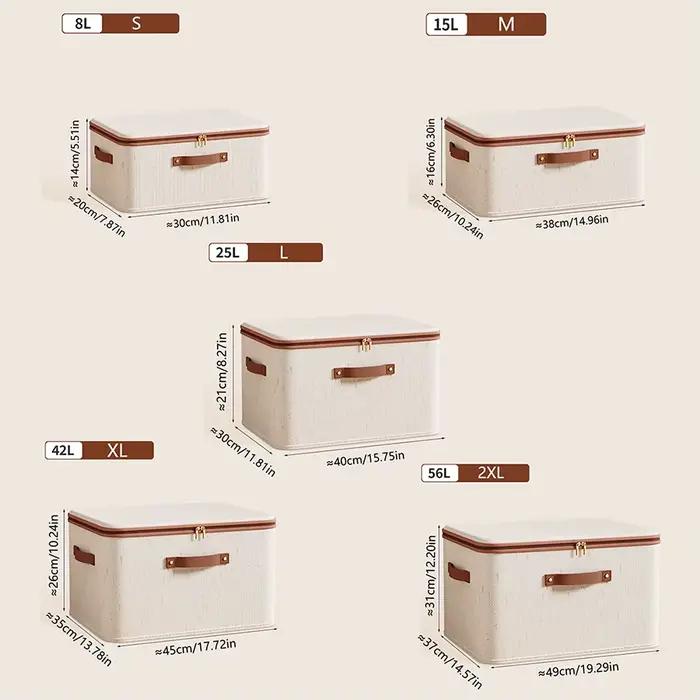 Boîte de rangement pliable en lin avec doubles fermetures éclair et poignée en simili cuir