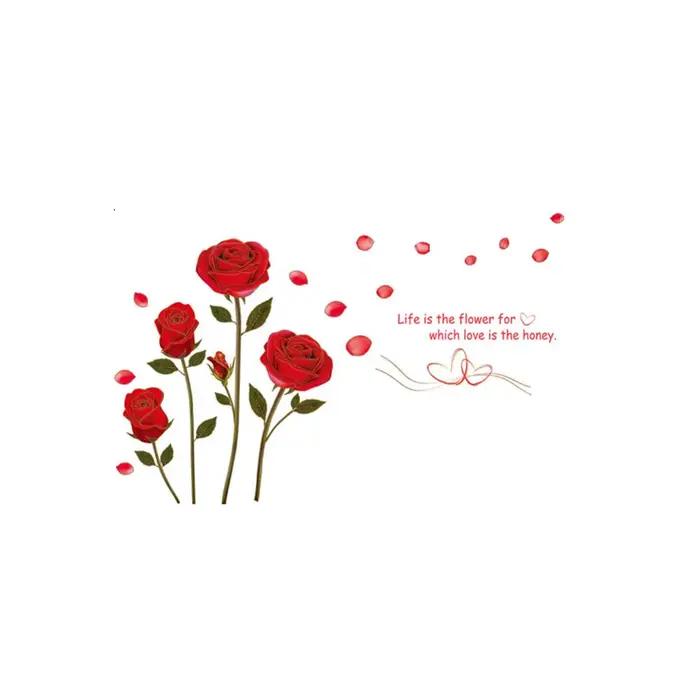 Autocollant mural romantique rose rouge pour chambre à coucher