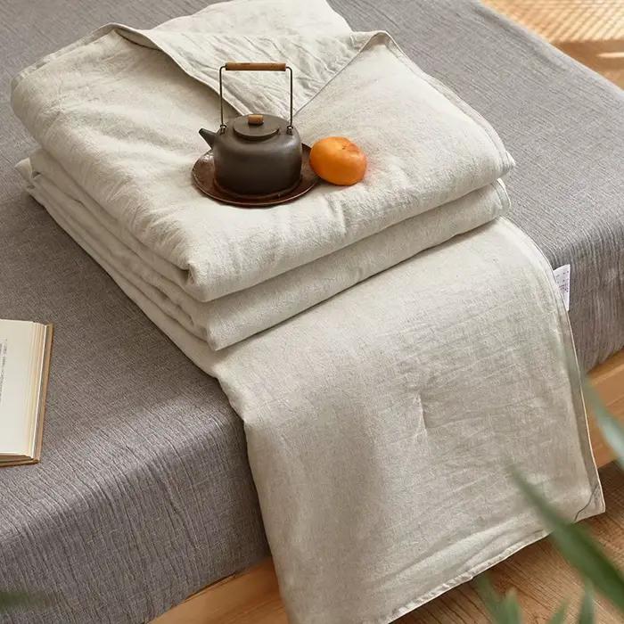 Couette de lit double en coton et lin de soja uni pour couple