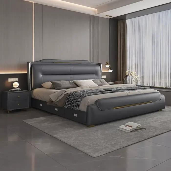 Chambre à coucher de luxe lit sommeil minimaliste européen tables de nuit tissus d'ameublement lits Queen Lounge Letto Matrimoniale meubles d'hôtel