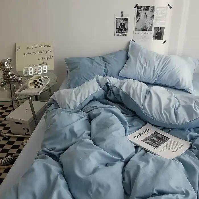 Parure de lit 4 pièces en coton double lavage couleur unie de haute qualité pour dortoir étudiant