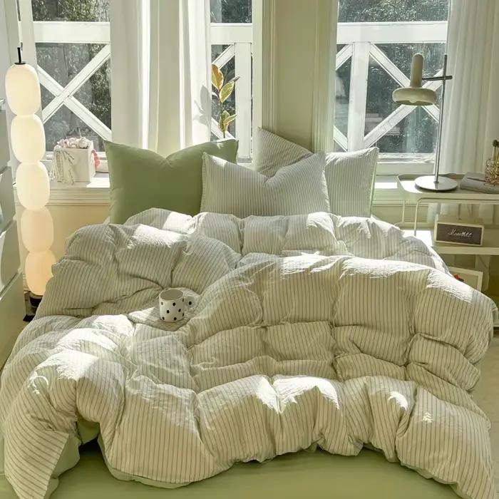 Parure de lit en coton lavé 100% à rayures avec taie d'oreiller