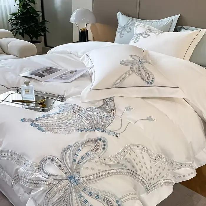 Parure de lit de luxe 100 % coton égyptien avec broderie papillon
