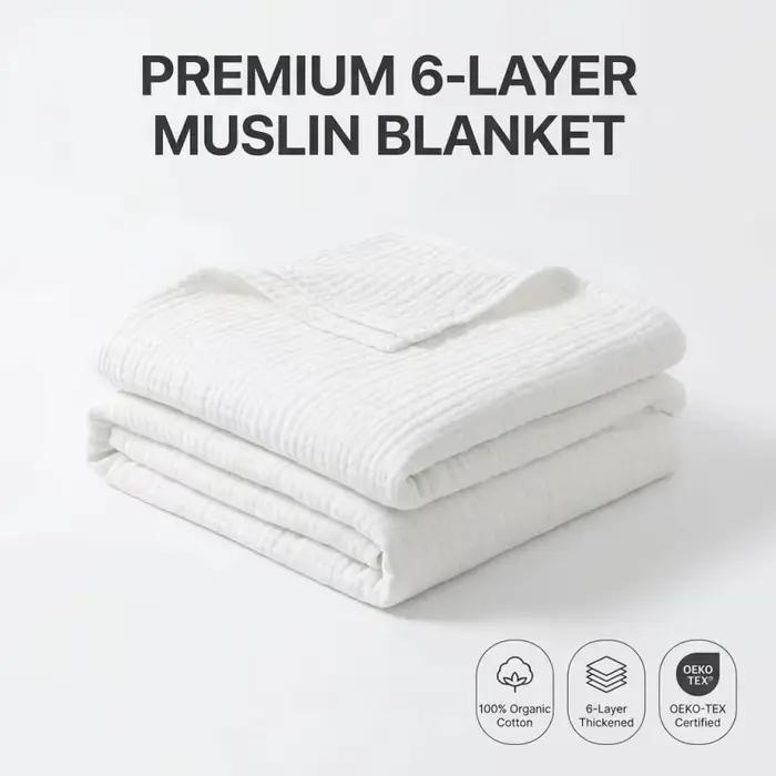 Couverture en pur coton super douce et respirante, en gaze de mousseline six couches, idéale pour l'été, couverture climatisée, couvre-lit ou couvre-canapé (1 pièce)