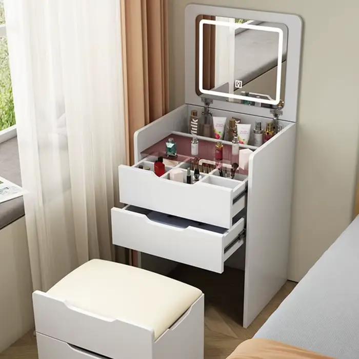 Table de maquillage moderne en bois avec lumières LED et petits rangements pour la chambre à coucher