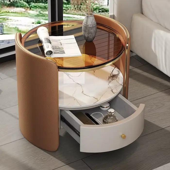 Tables de chevet modernes en bois massif et verre avec tiroirs en cuir