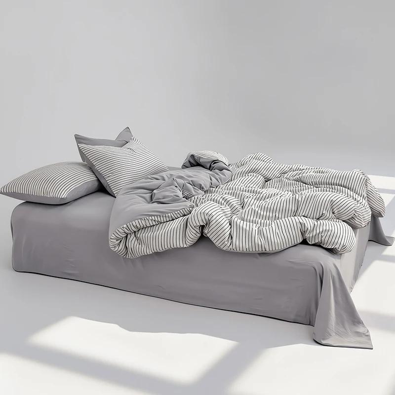 Housse de couette rayée marron caramel moderne, ensemble 4/3/1 pièces, douce et respirante, housses 
