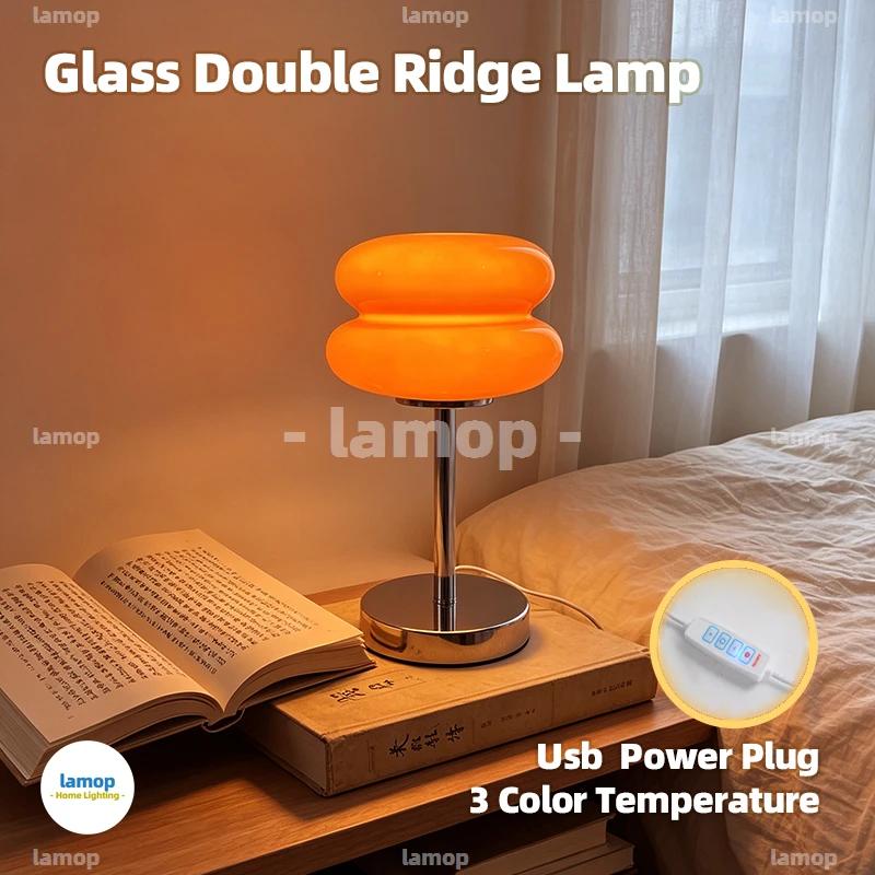 Lampe de table Murano en verre à double bordure, ton orange, base chromée à tige fine, lumière douce à 3 tons, décoration de chevet en bois pour chambre à coucher