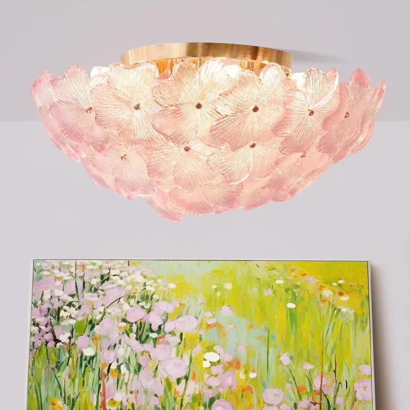 Plafonnier LED en verre de Murano, lampe à pétales colorés pour salon, chambre à coucher, rétro, romantique français, décoration de chambre d'enfant pour fille