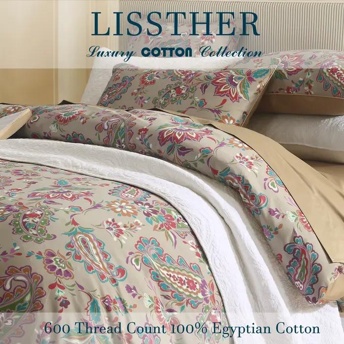 Ensemble de housse de couette 3 pièces 600TC 100% coton égyptien, damassé Boho Paisley Vintage color