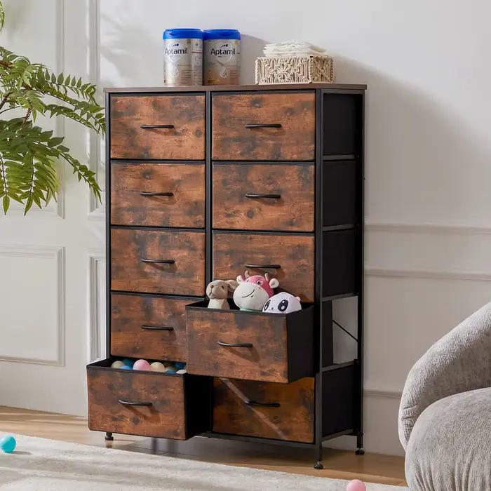 JHK Table de chevet pour chambre à coucher avec 10 tiroirs en tissu armoire cadre en acier placard p