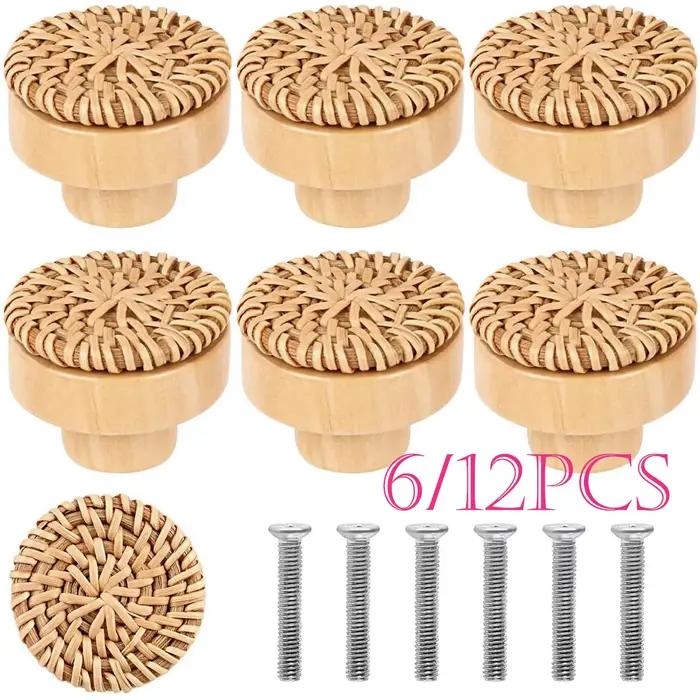 6/12 pièces boutons de tiroir en bois de rotin Boho boutons de commode en rotin armoires rondes fait