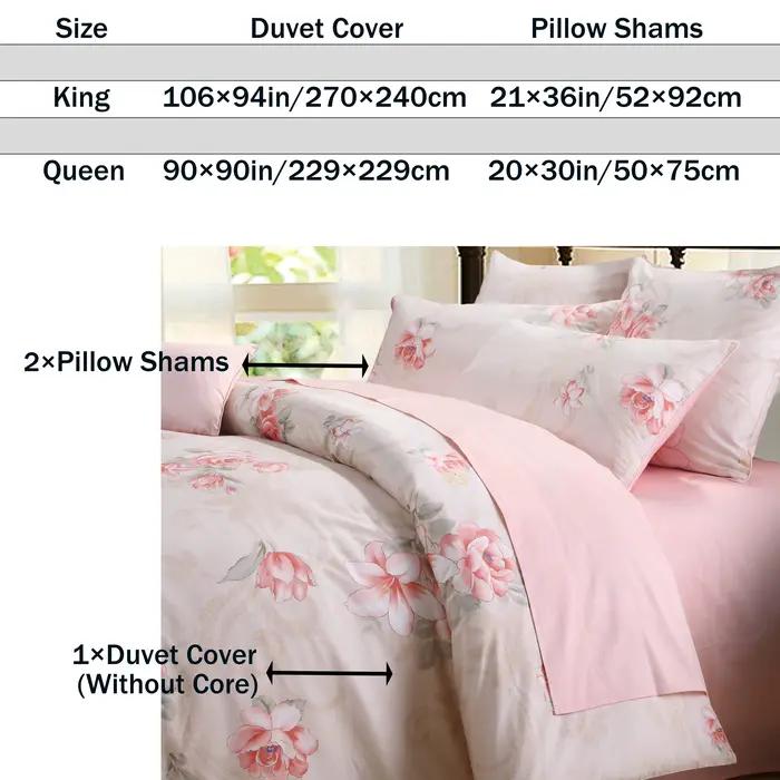 Ensemble de housse de couette 100% coton égyptien 600TC, 3 pièces, motif Rose floraison, doux pour l