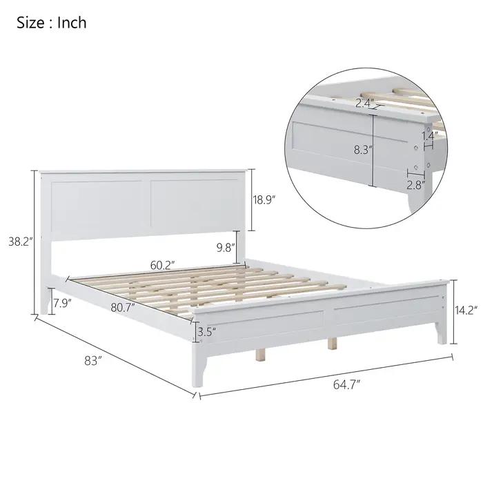 Lit à plateforme moderne en bois massif blanc, queen size