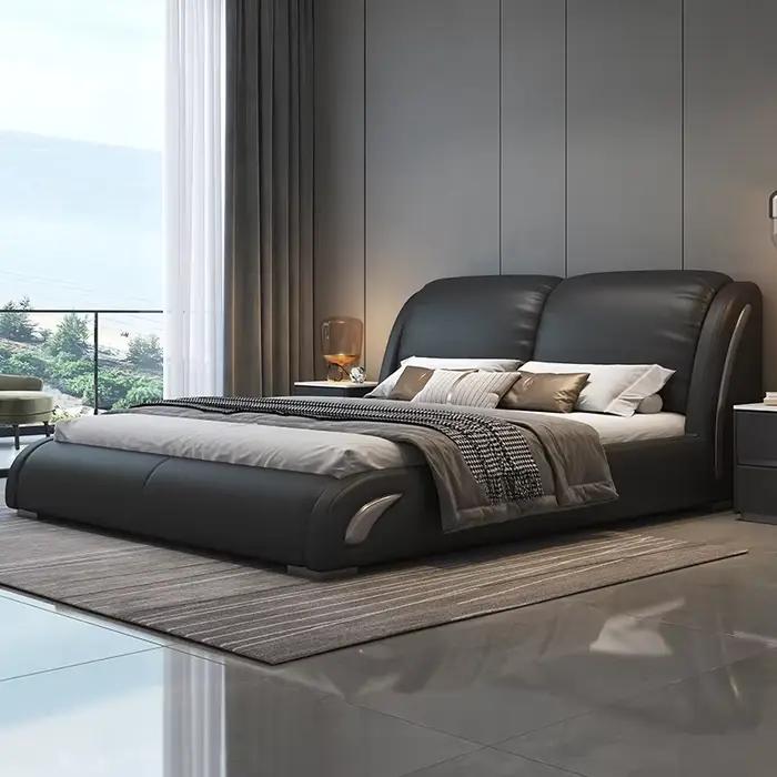 Lit double noir moderne de style italien pour chambre principale, lit de mariage luxueux, accessoire