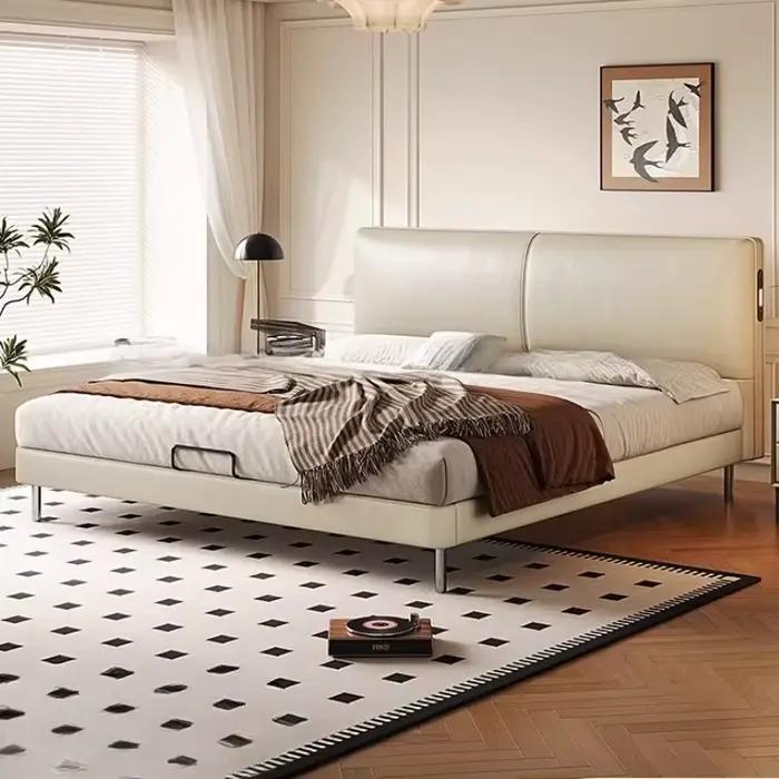 Lit Moderne Tendance pour 2 Personnes avec Tête de Lit en Cuir Pleine Fleur, Lit Queen Size Haut de