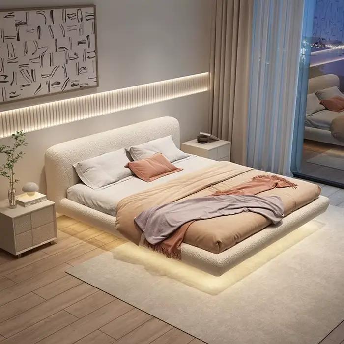 Table de chevet tendance, lit double avec tête de lit entièrement en bois, lits doubles pour adultes