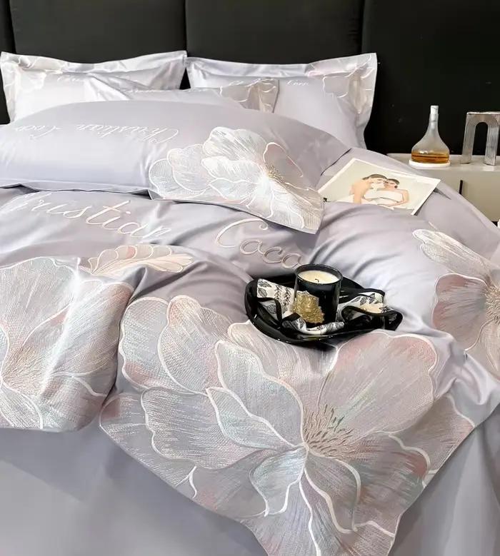 Housse de couette en coton pur à longues fibres, haut de gamme, léger, de luxe, avec broderie floral