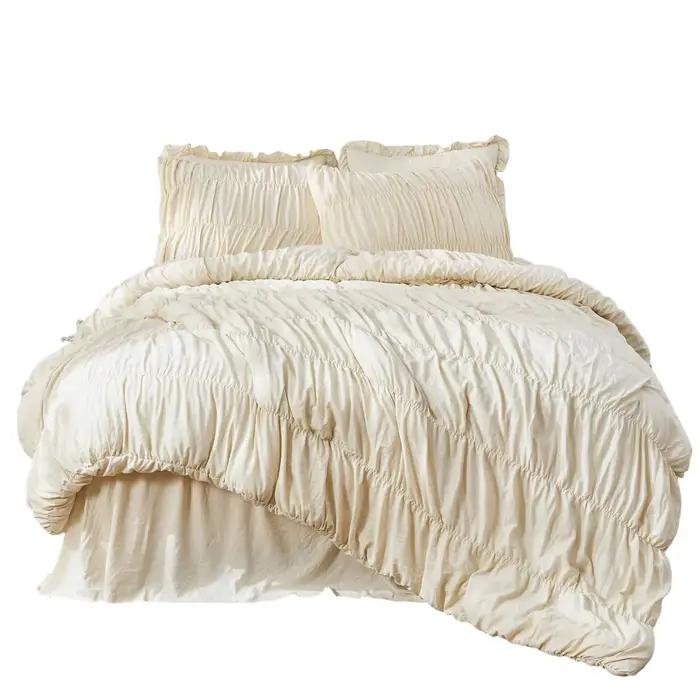 Ensemble de literie de luxe à plis froncés, ensemble de couette bohème en coton lavé ultra doux avec
