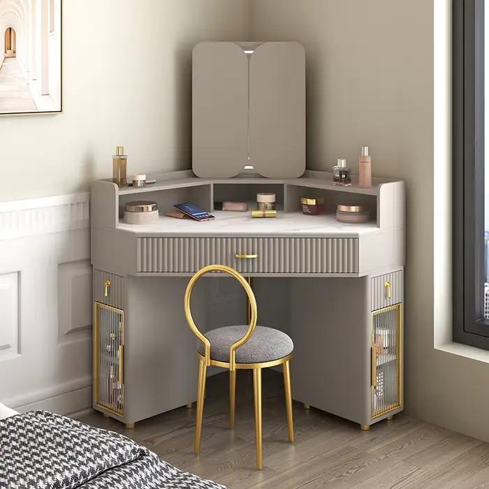 Tables de maquillage de luxe en bois massif, coin de table en élasthanne, rangement triangulaire mod