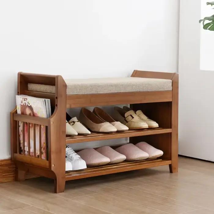 Banc de rangement pour chaussures T1 avec siège à coussin double couche, tabouret à chaussures, hôte