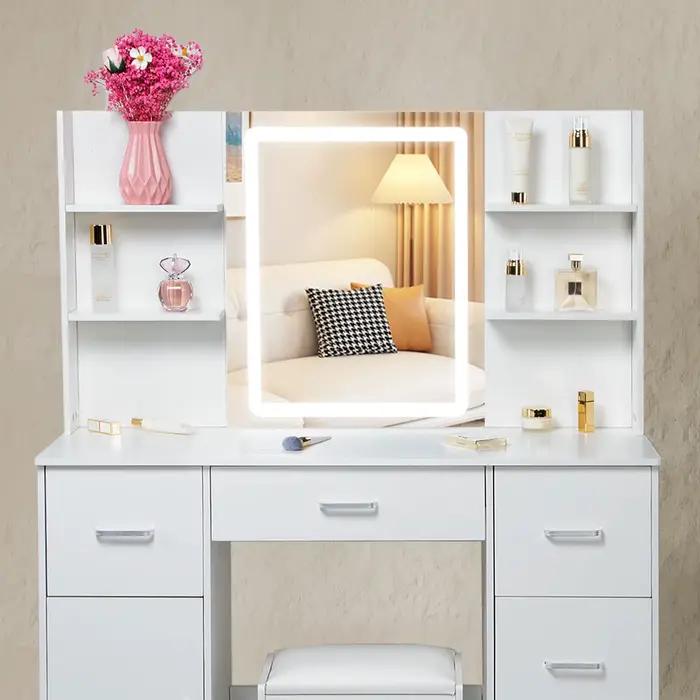 Table de maquillage avec égouts de proximité, ensemble de bureau de vanité avec étagères, commode et
