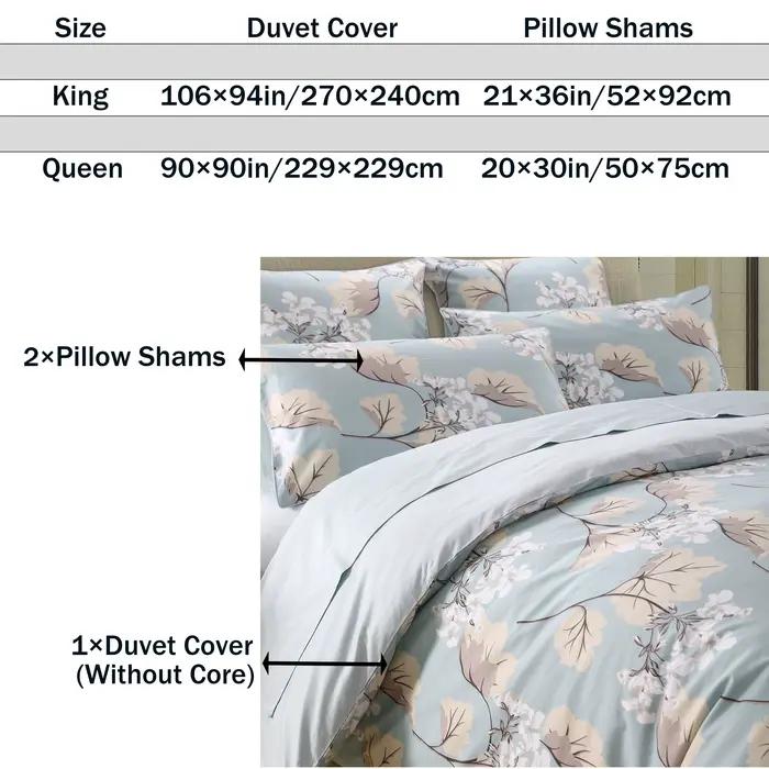 Ensemble de housse de couette 3 pièces 600TC 100% coton égyptien, feuilles de luxe bleues florales,