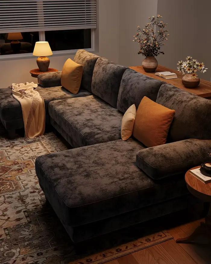 Canapés sectionnels en forme de U pour salon | Canapé en chenille avec double chaise longue | Ca