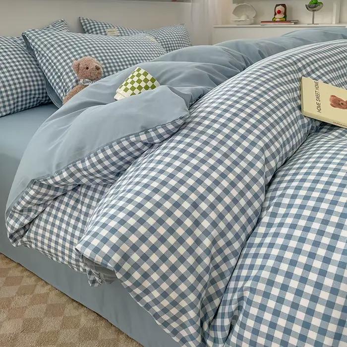 Housse de couette ensemble de lit lin pur coton quatre pièces ensemble Simple damier lavé coton drap