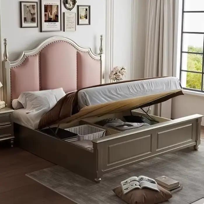 Lit en bois massif français, design nordique moderne, lit pour 2 personnes, taille king, table de ch
