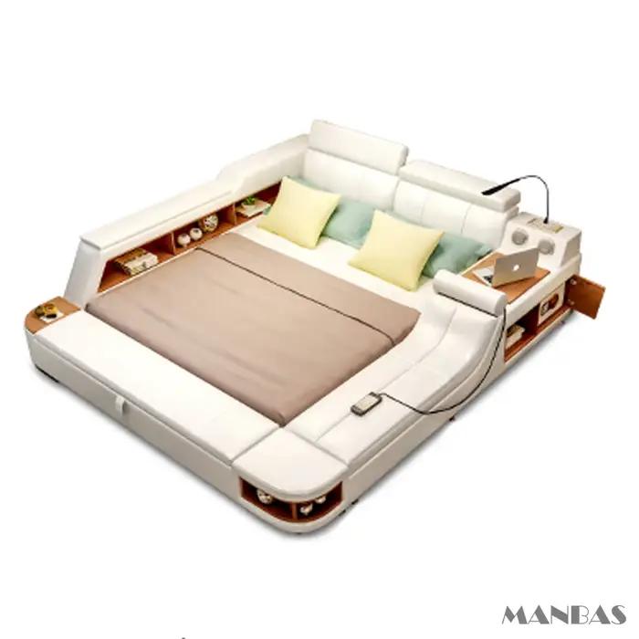 Lit tout-en-un, cadre de lit intelligent de luxe, lit plateforme recouvert de cuir véritable avec ha