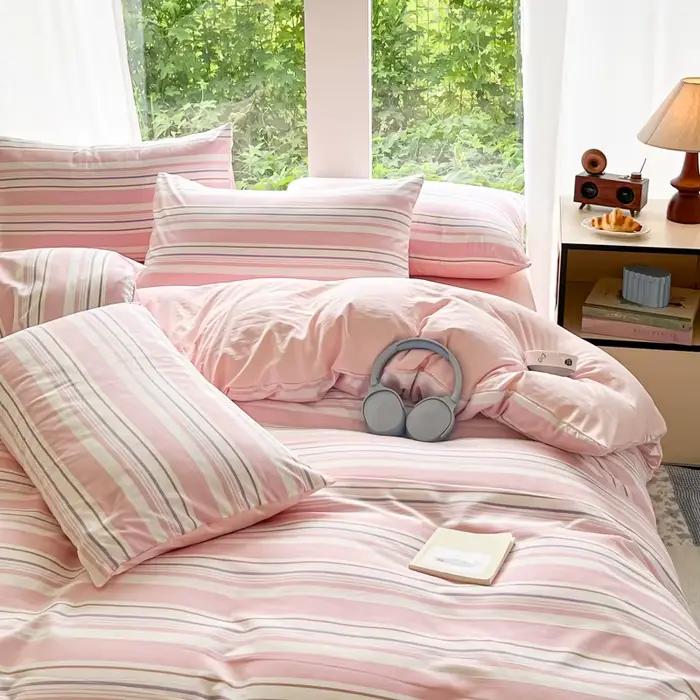 Housse de lit 3 pièces en bande de couleur bicolore (1 * housse de lit + 2 * taie d'oreiller, sans r