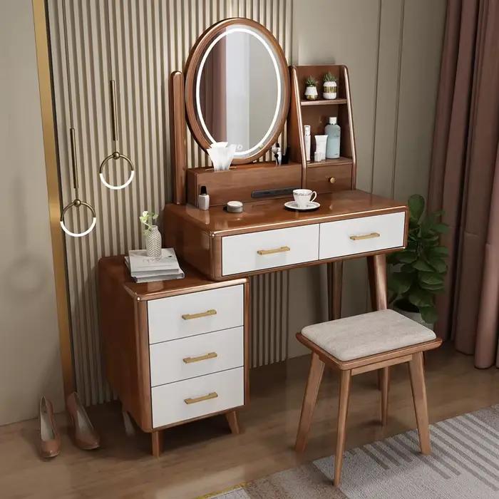 Coiffeuse de luxe avec miroir et tabouret, bureau de vanité de chambre à coucher avec miroir éclairé