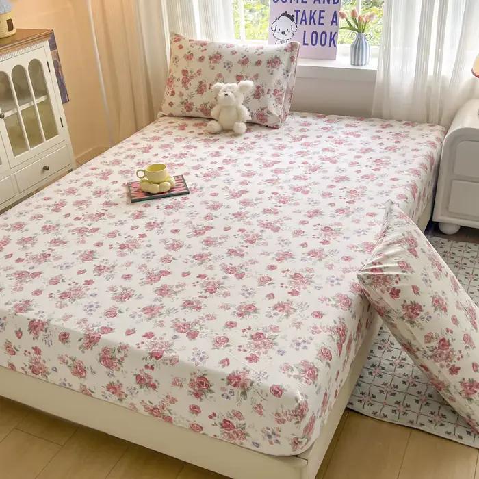 Ensemble de draps de lit à fleurs, drap-housse, couvre-lit antidérapant avec bande élastique, housse