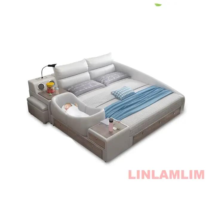 Lit familial capitonné King Size avec berceau intégré, tiroirs, cadre de lit plateforme multifonctio