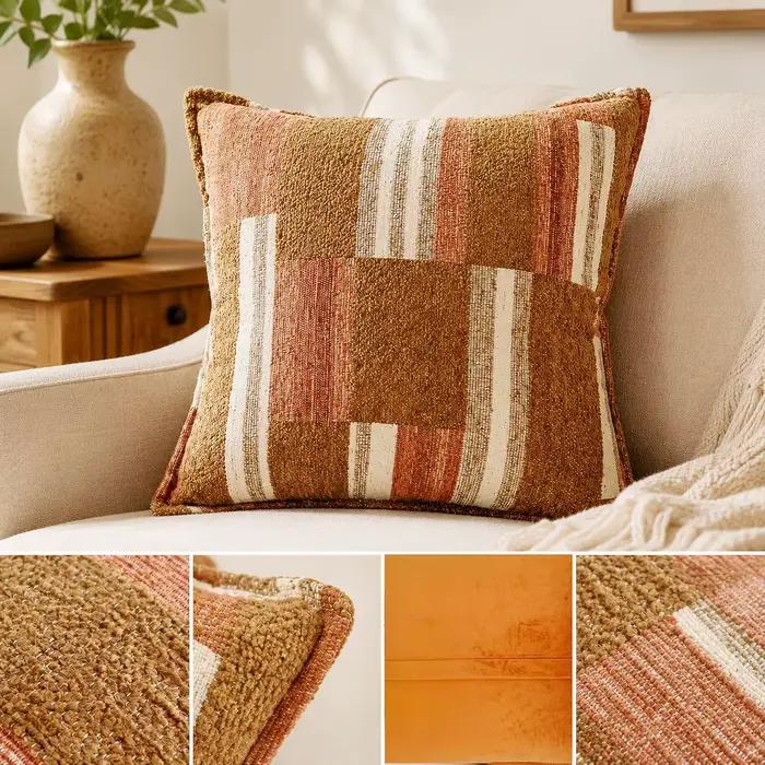 Housse de coussin bohème en chenille douce jacquard, motif géométrique terracotta, avec pompons tiss