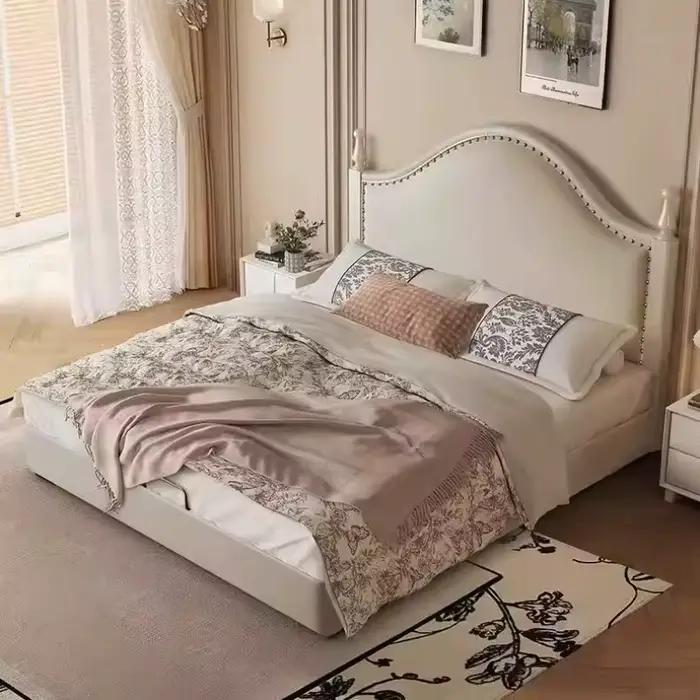 Lit Double Esthétique en Cuir Écologique, Lit de Chambre Luxe Moderne King Size avec Cadre en Bois e