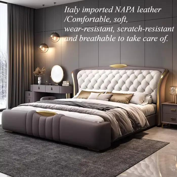 Lit Queen Size Moderne avec Rangement, Design Unique et Minimaliste, Tête de Lit Rembourrée, Cama De