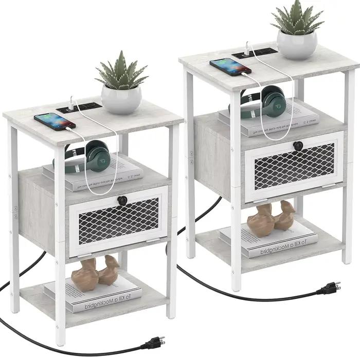 Ensemble de table de chevet avec station de charge, rangement à rabat, table de chevet pour chambre